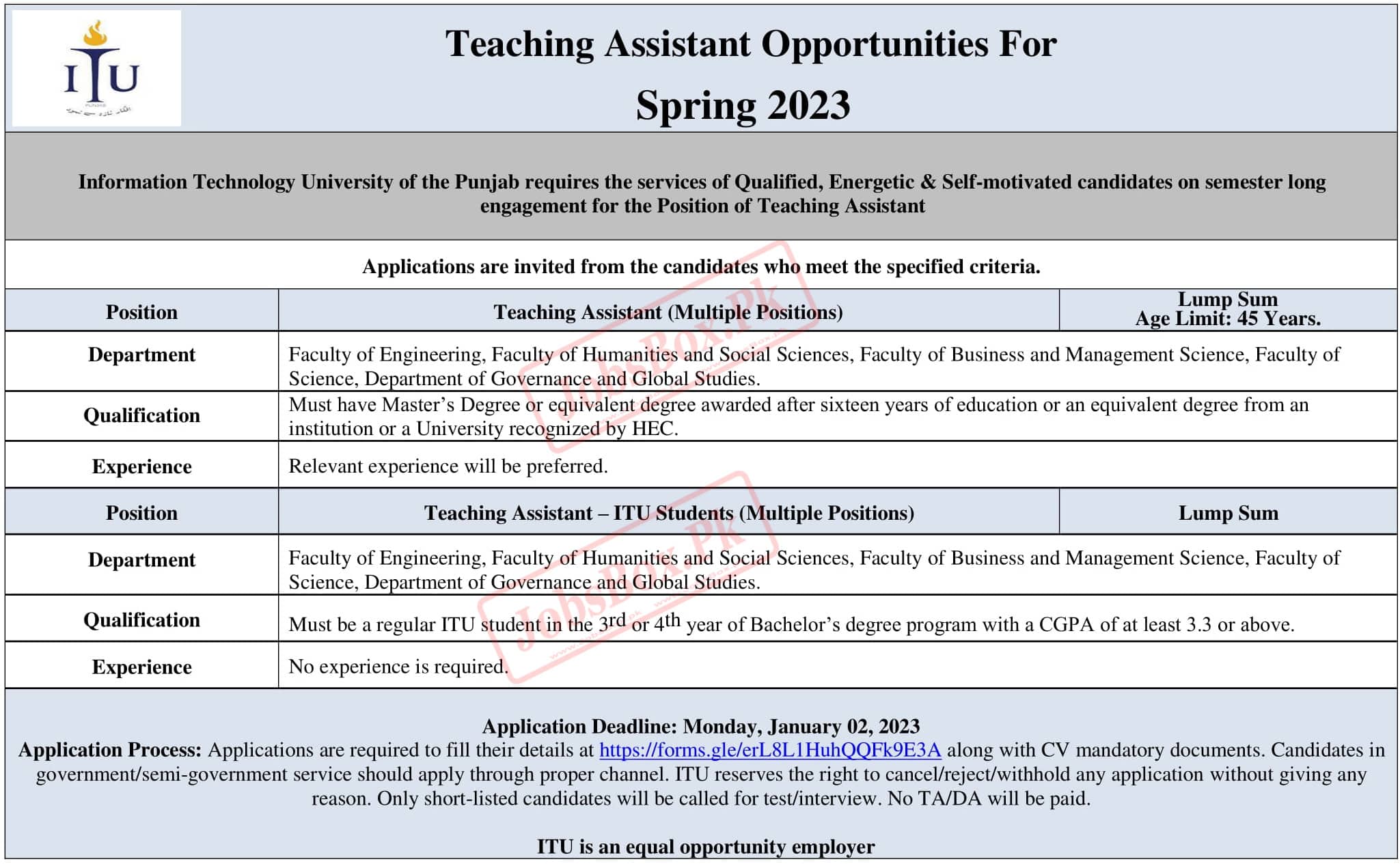 Teaching Assistant Opportunities for Spring 2023 at ITU Lahore