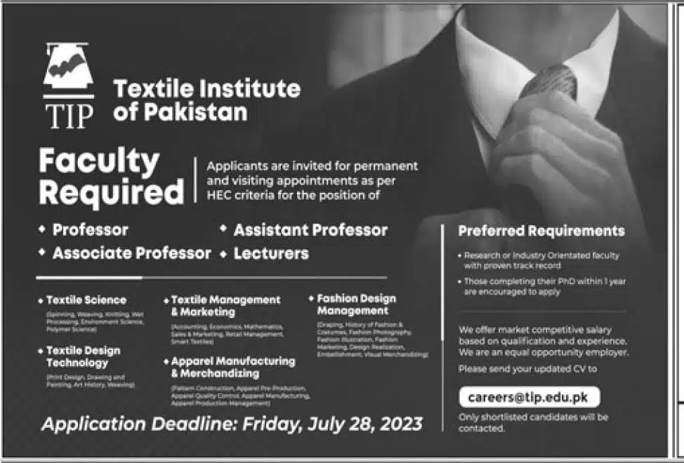 Textile Institute of Pakistan TIP Jobs 2023 - Download Advertisement