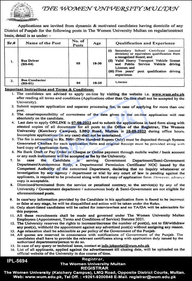 The Women University Multan Jobs 2023