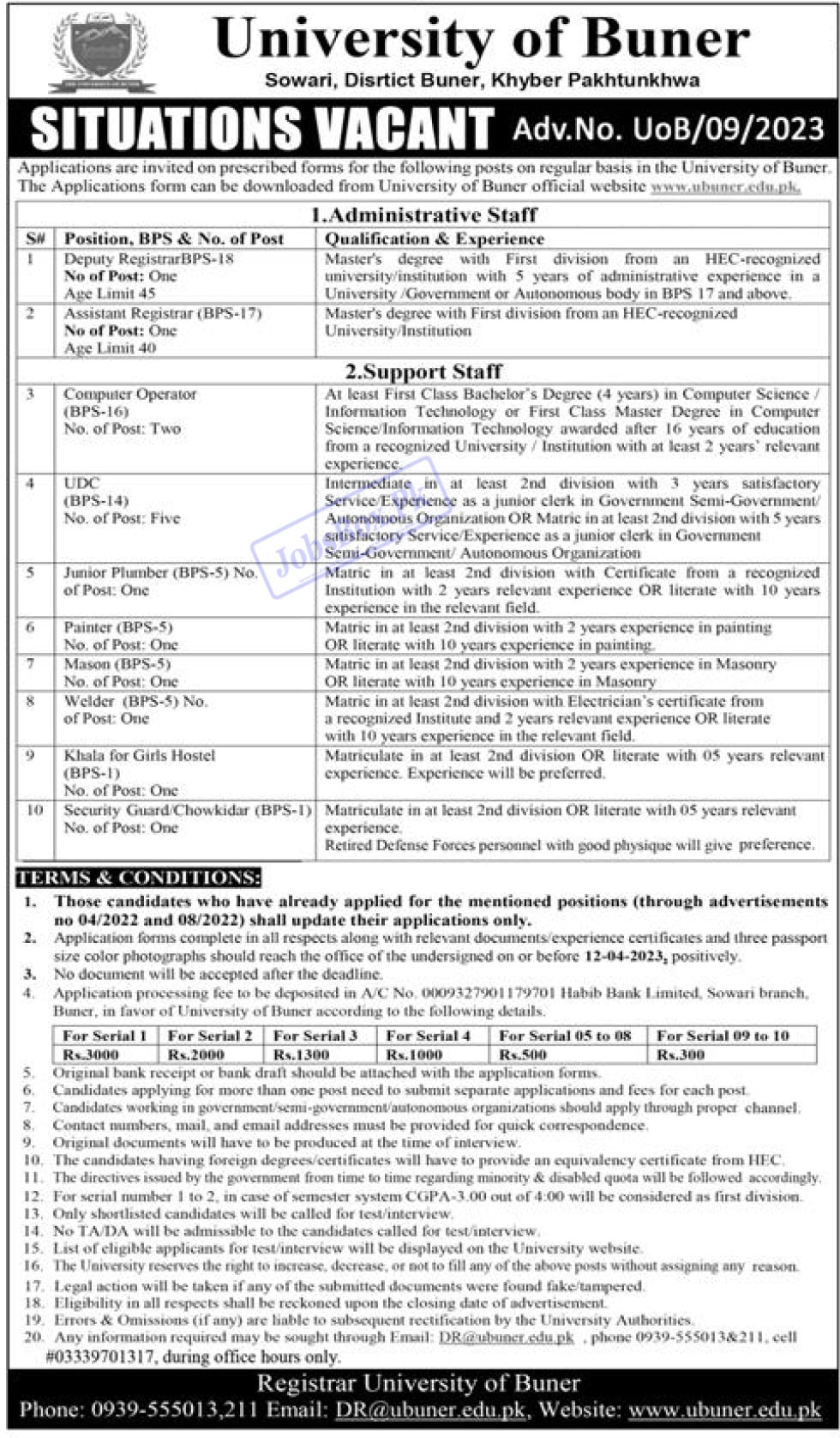 University of Buner Jobs 2023 - Download Employment Form