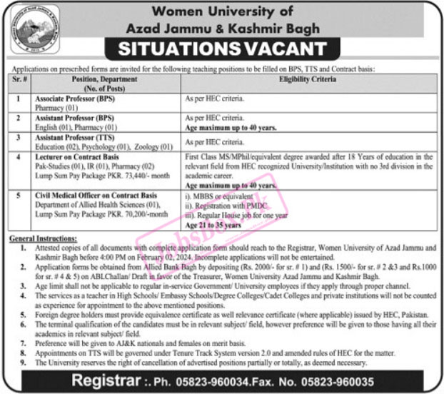 Women University of AJK Bagh Jobs 2024