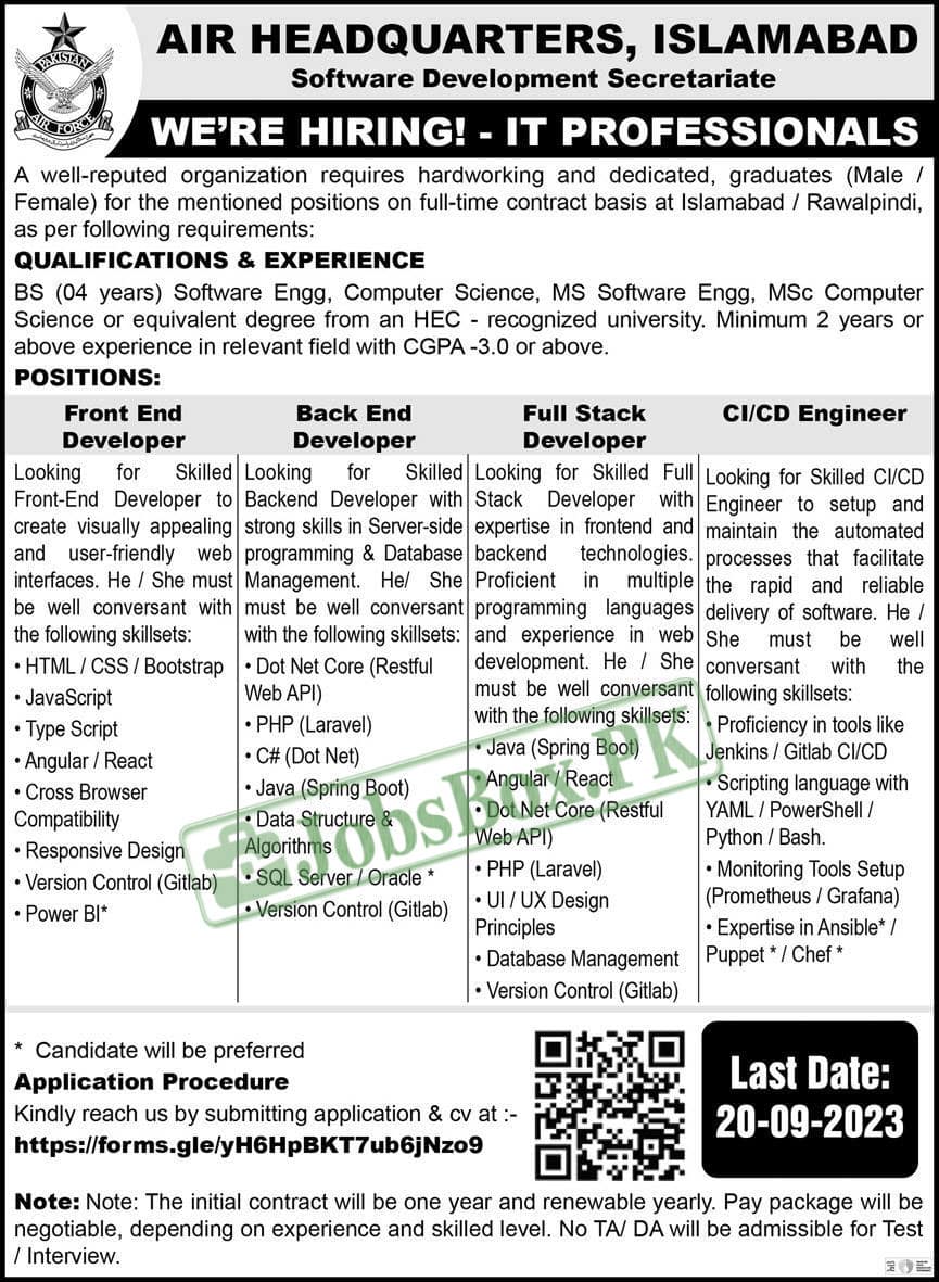 Pakistan Air Force PAF Air Headquarters Islamabad Jobs 2023