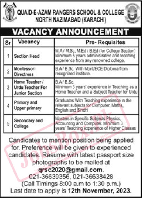 Quaid e Azam Rangers School & College Karachi Jobs