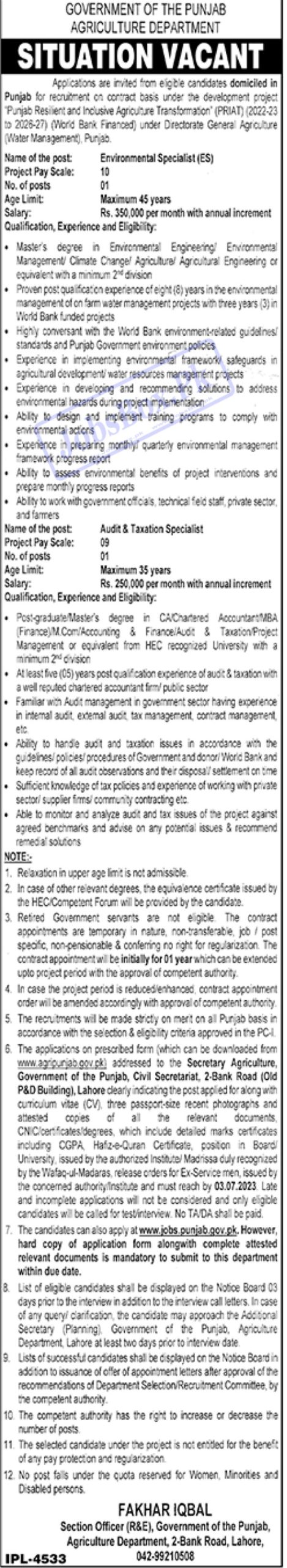 Agriculture Department Punjab Jobs 2023 Online Apply Form
