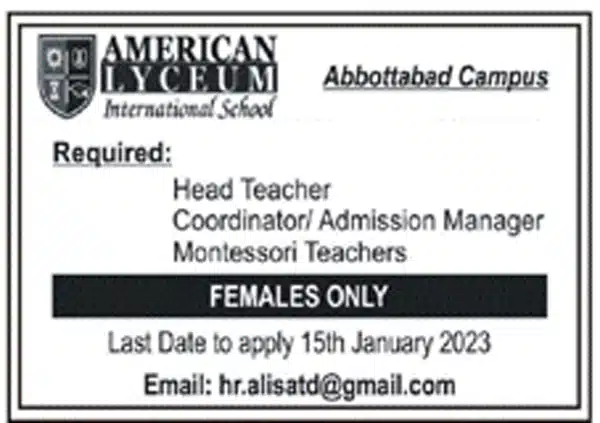 American Lyceum International School Abbottabad Jobs 2023