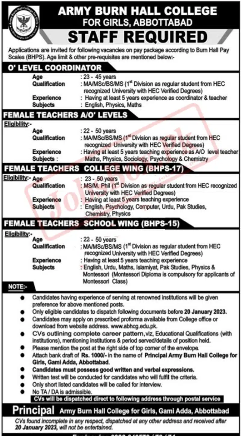 Army Burn Hall College for Girls Abbottabad Jobs 2023
