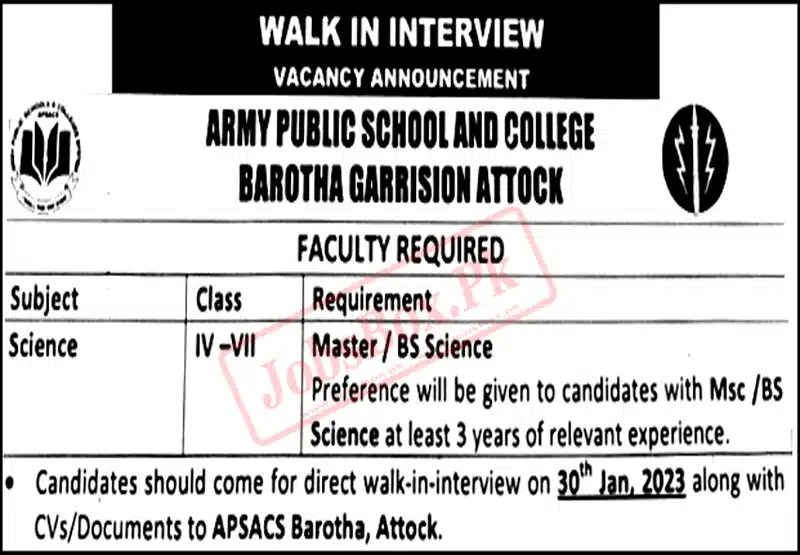 Army Public School and College Barotha Attock Jobs 2023