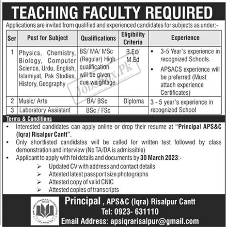 Army Public School and College (Iqra) Risalpur Cantt Jobs 2023