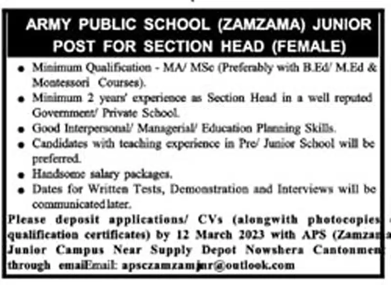 Army Public School and College Nowshera Cantt Jobs 2023 at Zamzama Junior Campus