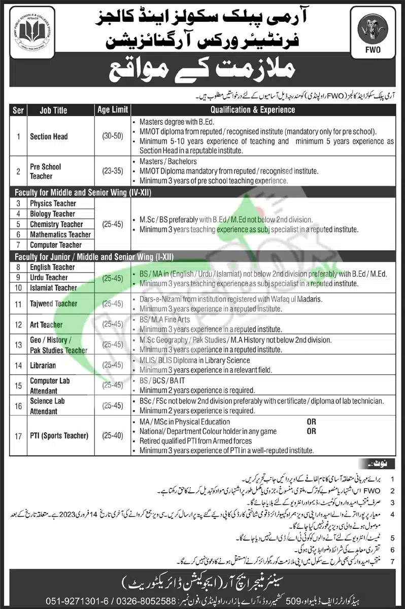 Army Public Schools and Colleges FWO Rawalpindi Jobs in January 2023