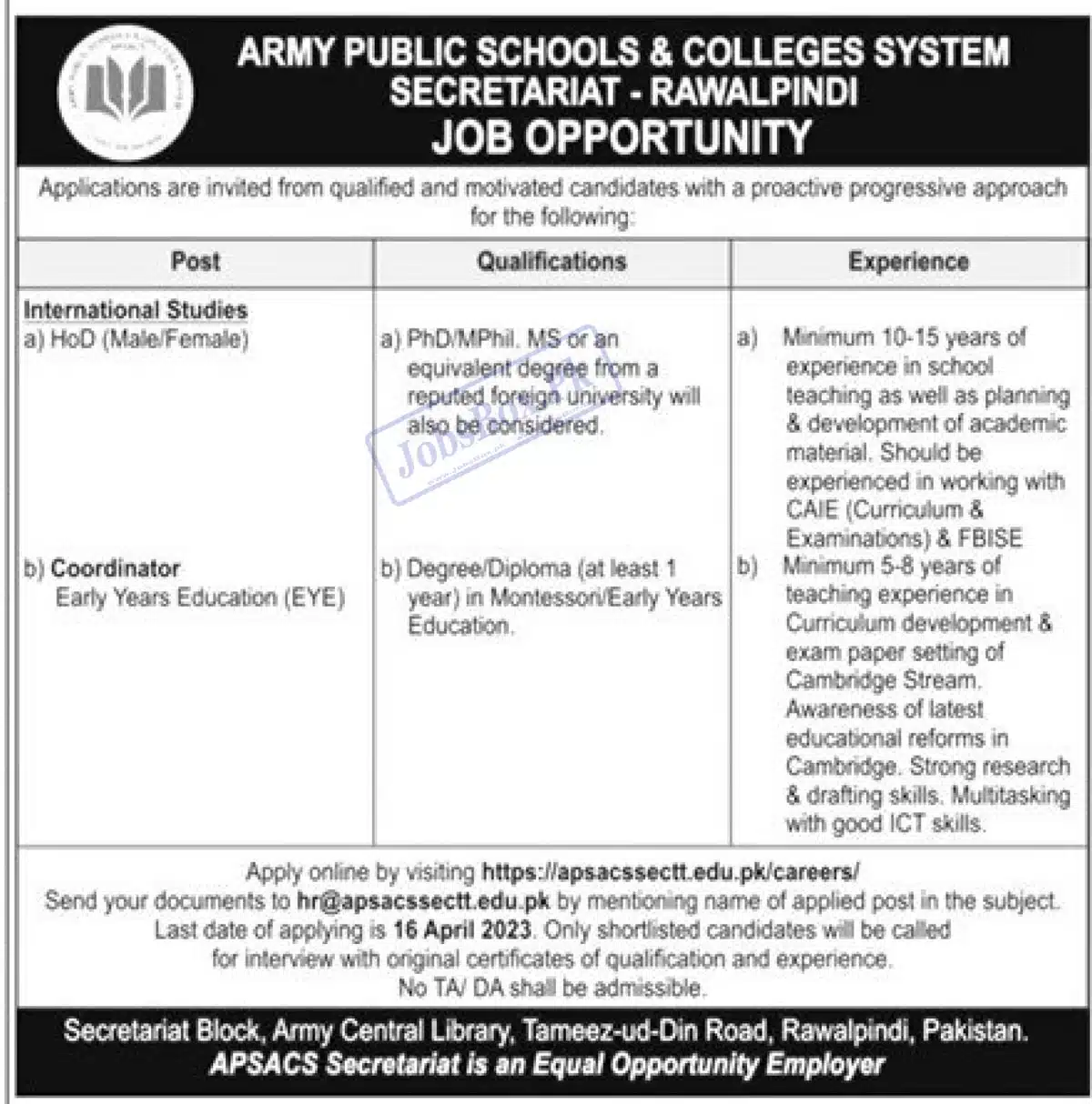Army Public Schools and Colleges System Secretariat Rawalpindi Jobs 2023 Latest