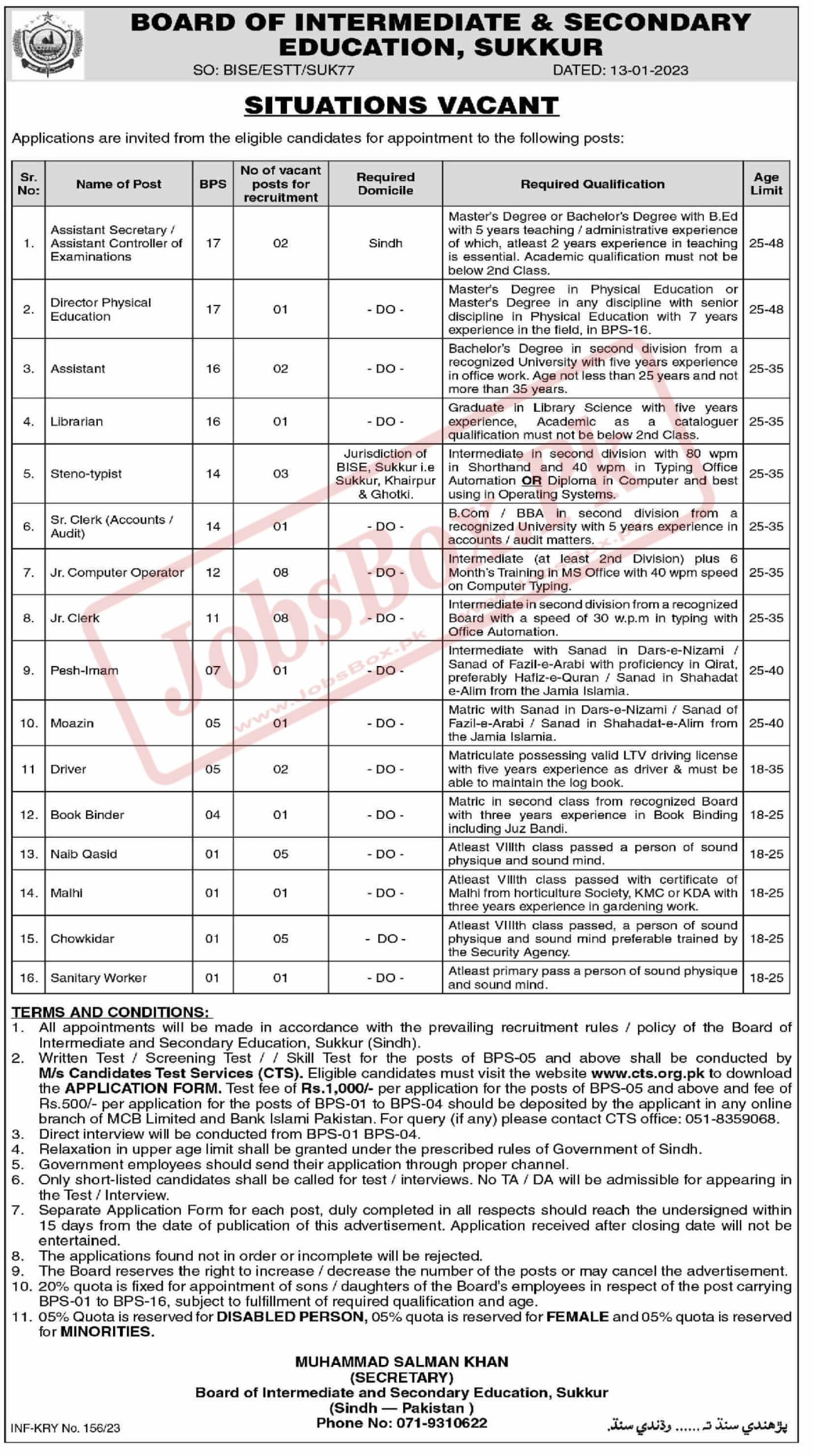 BISE Sukkur Jobs 2023 