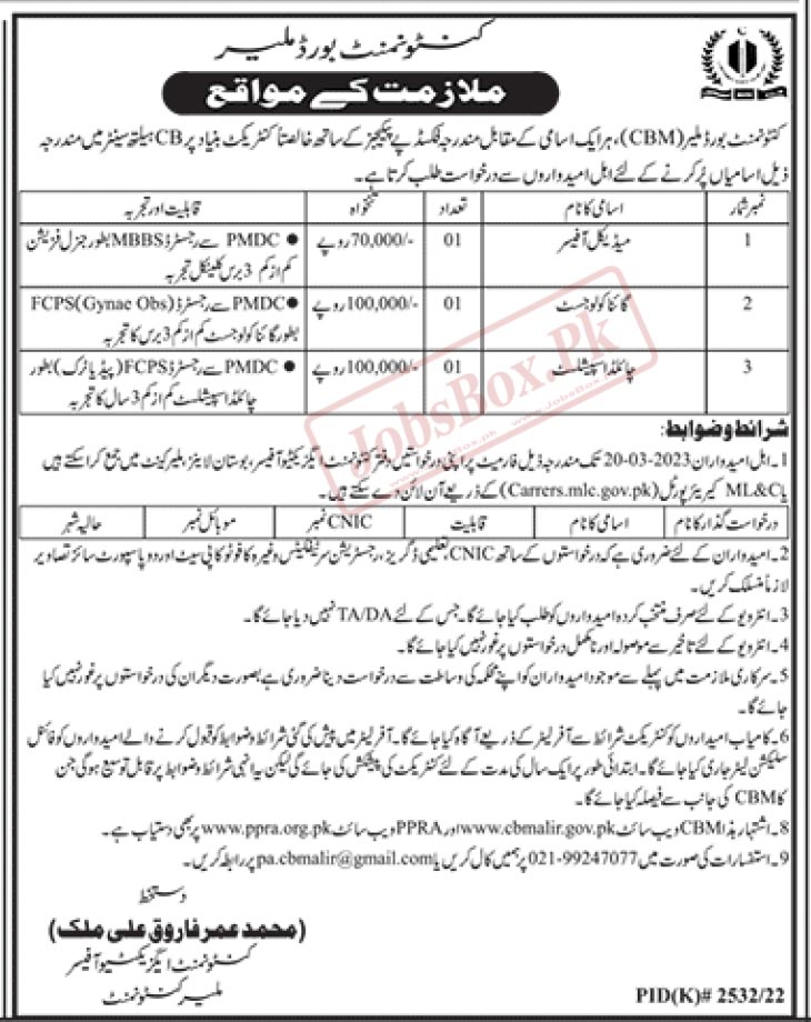 Cantonment Board Malir Jobs 2023 New