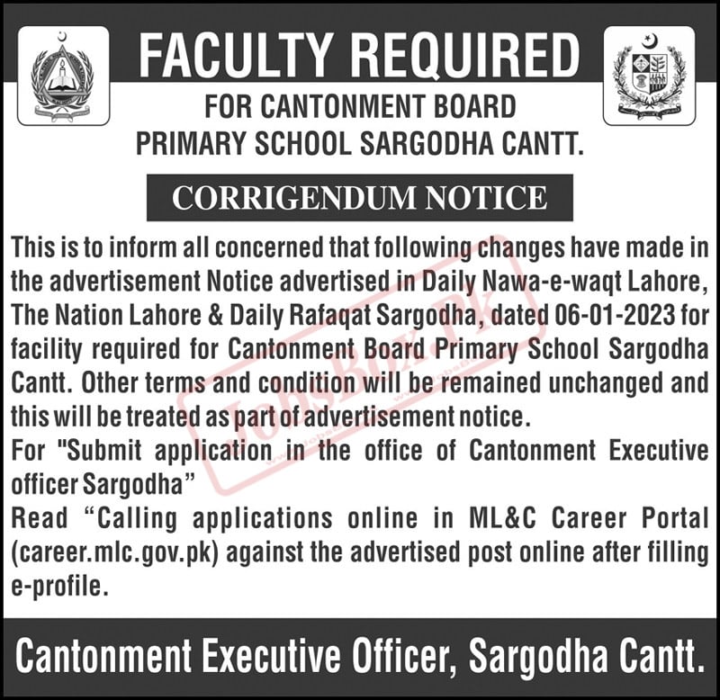 Cantonment Board Primary School Sargodha Jobs 2023 - Careers.mlc.gov.pk