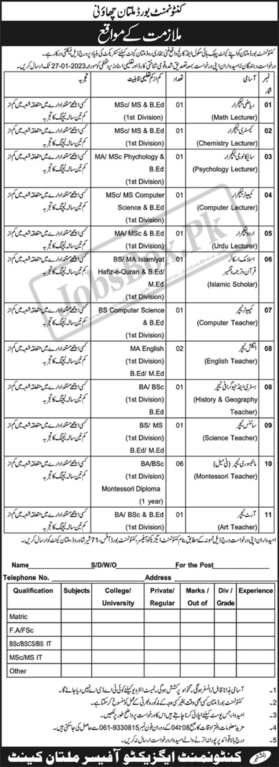 Cantt Public High School and College Multan Jobs 2023