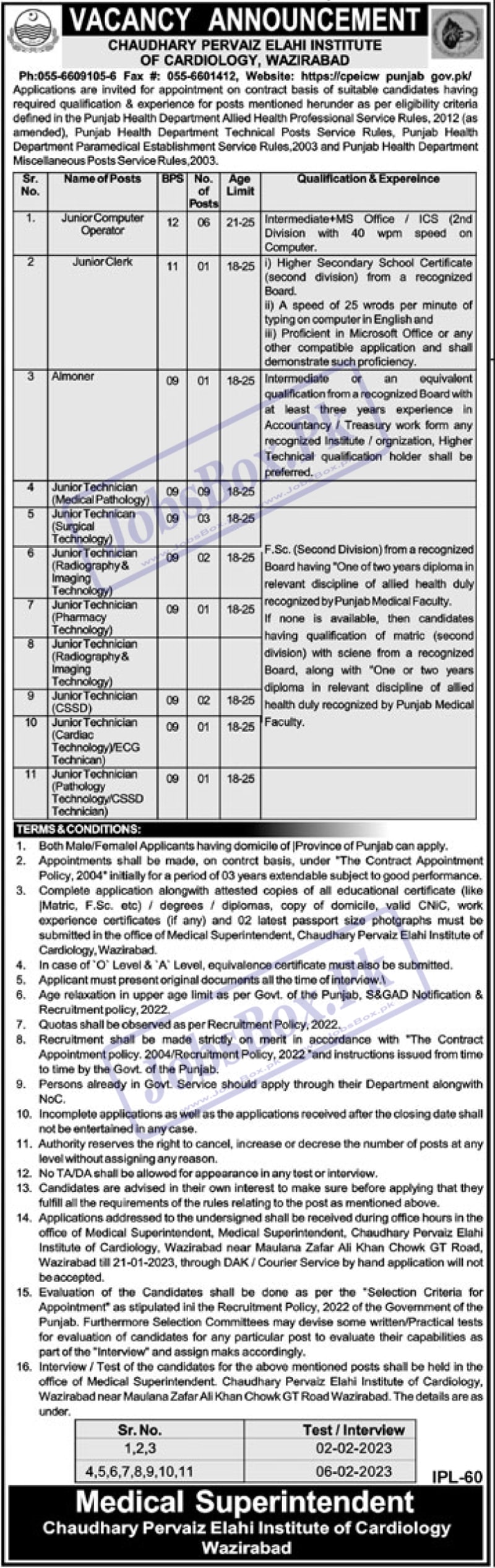 Ch Pervaiz Elahi Institute of Cardiology Wazirabad Jobs 2023