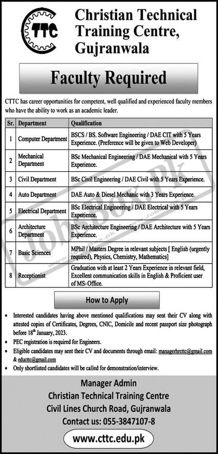 Christian Technical Training Center Gujranwala Jobs 2023