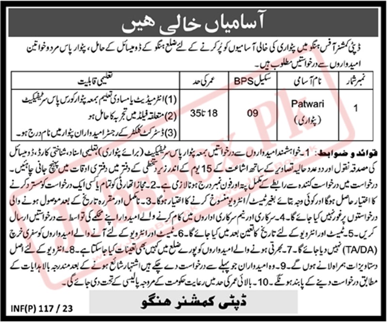 Deputy Commissioner Office Hangu Jobs 2023