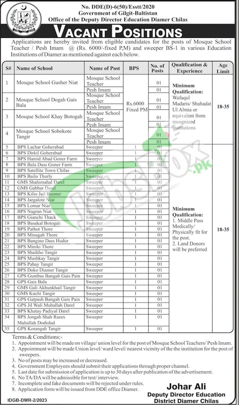 Education Department Diamer Jobs 2023