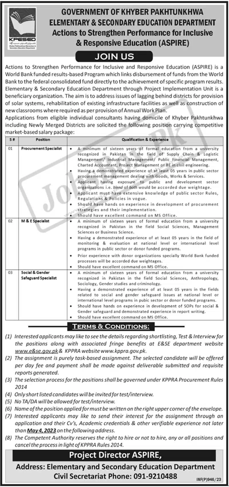 Elementary & Secondary Education Department ESED KPK Jobs 2023 May
