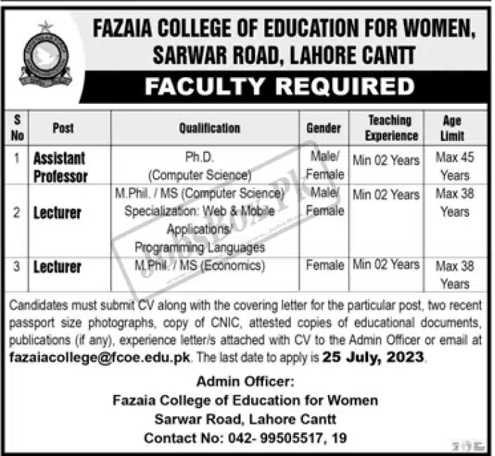 Fazaia College of Education for Women Lahore Cantt Jobs 2023 Latest