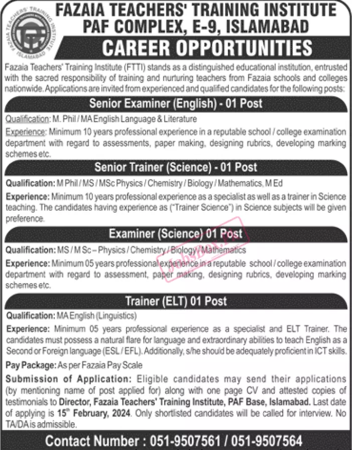 Fazaia Teachers Training Institute PAF Complex Islamabad Jobs 2024