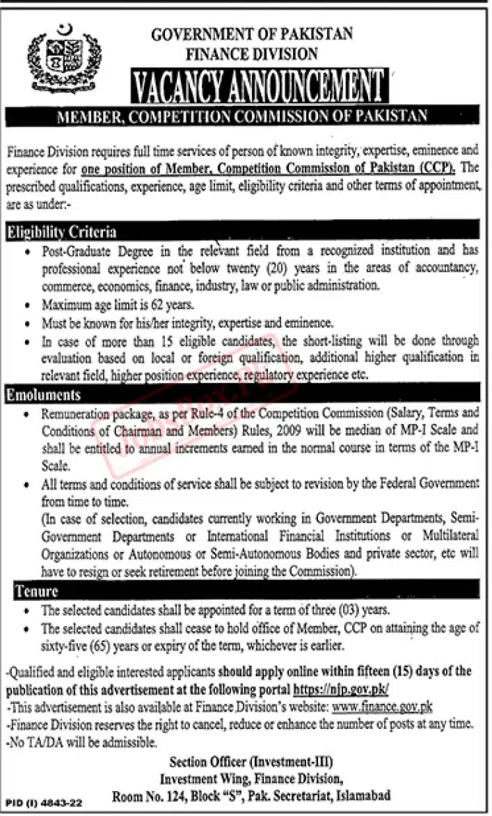 Finance Division Government of Pakistan Jobs February 2023