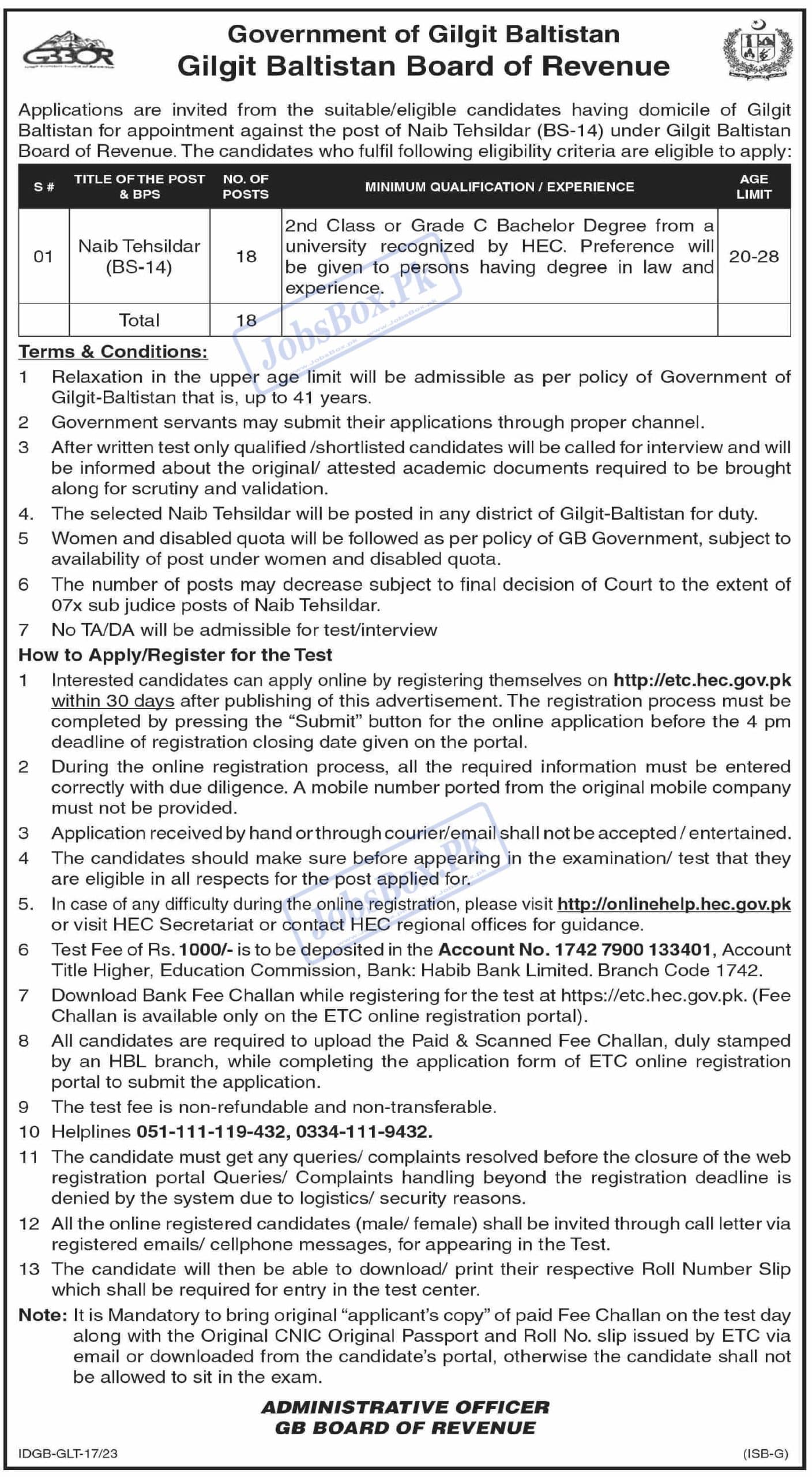 Gilgit Baltistan Board of Revenue Jobs 2023 - Forward Online Applications