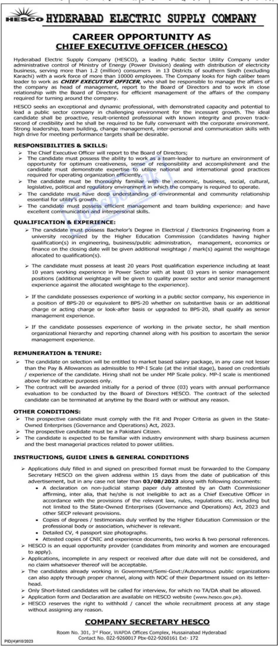 Hyderabad Electric Supply Company HESCO Jobs 2023 for CEO