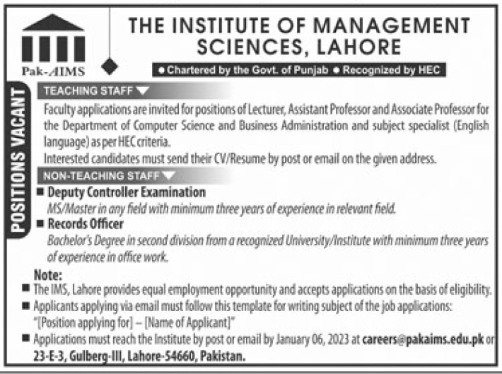 Institute of Management Sciences Lahore Jobs 2023