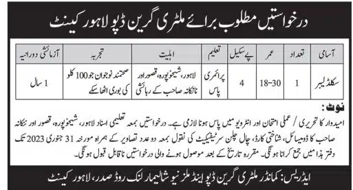 Military Green Depot Lahore Cantt Jobs 2023
