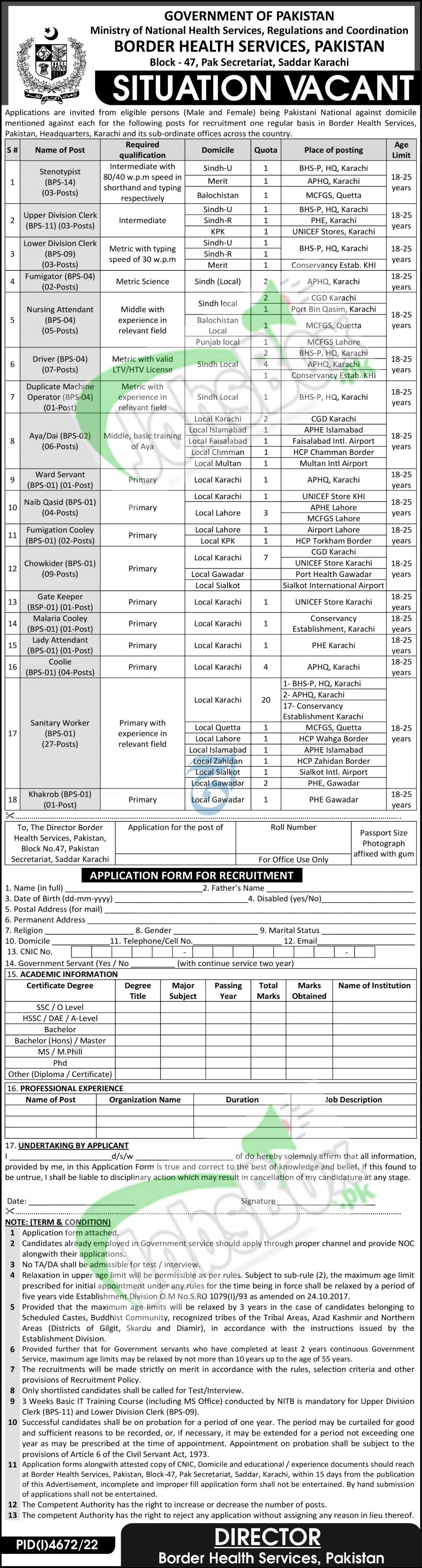 Border Health Services Pakistan Jobs 2023 - Download Application Form