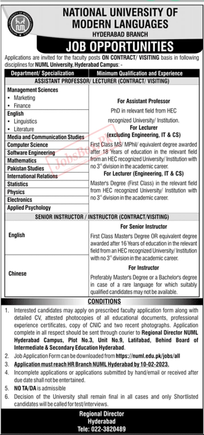 NUML Hyderabad Campus Jobs February 2023