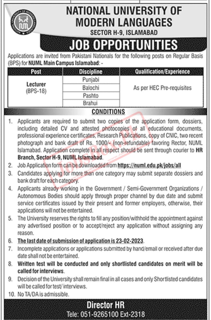 NUML Islamabad MAin Campus Jobs