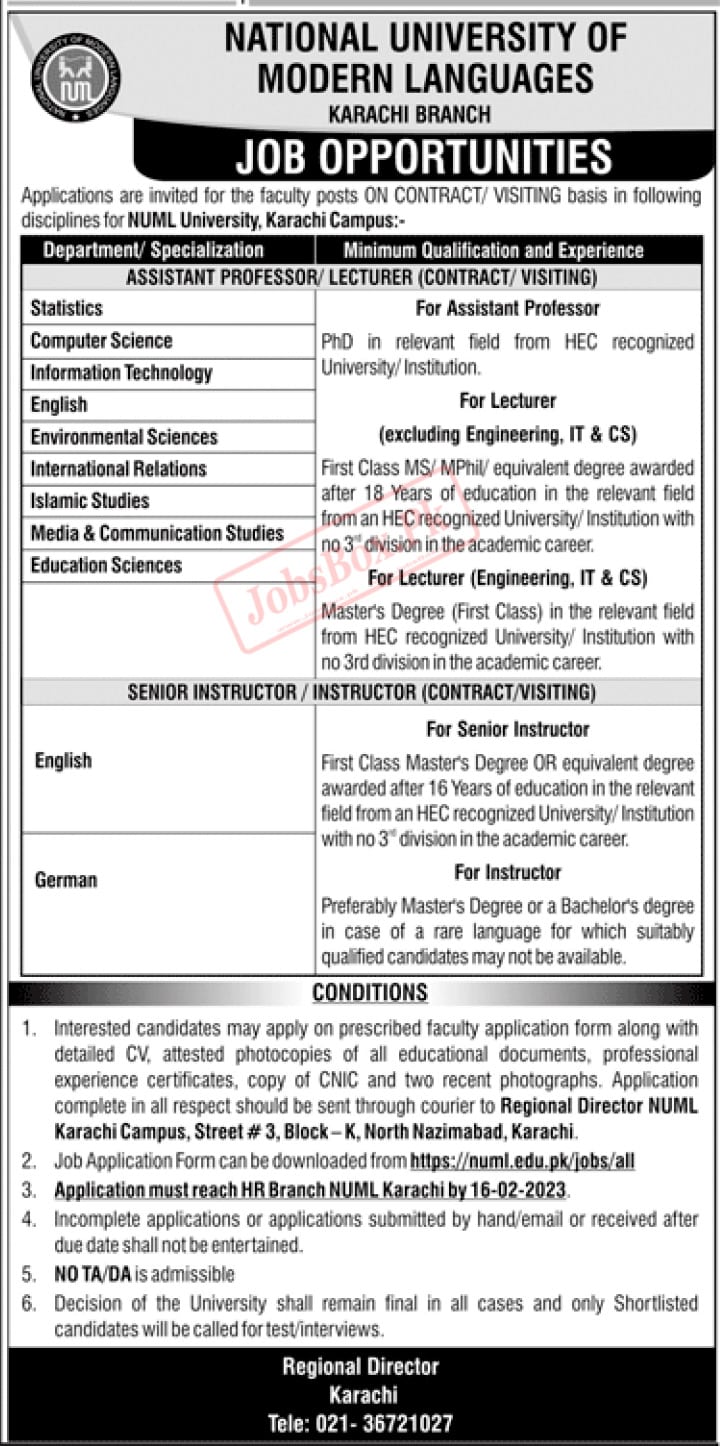 NUML Karachi Campus Recruitment 2023