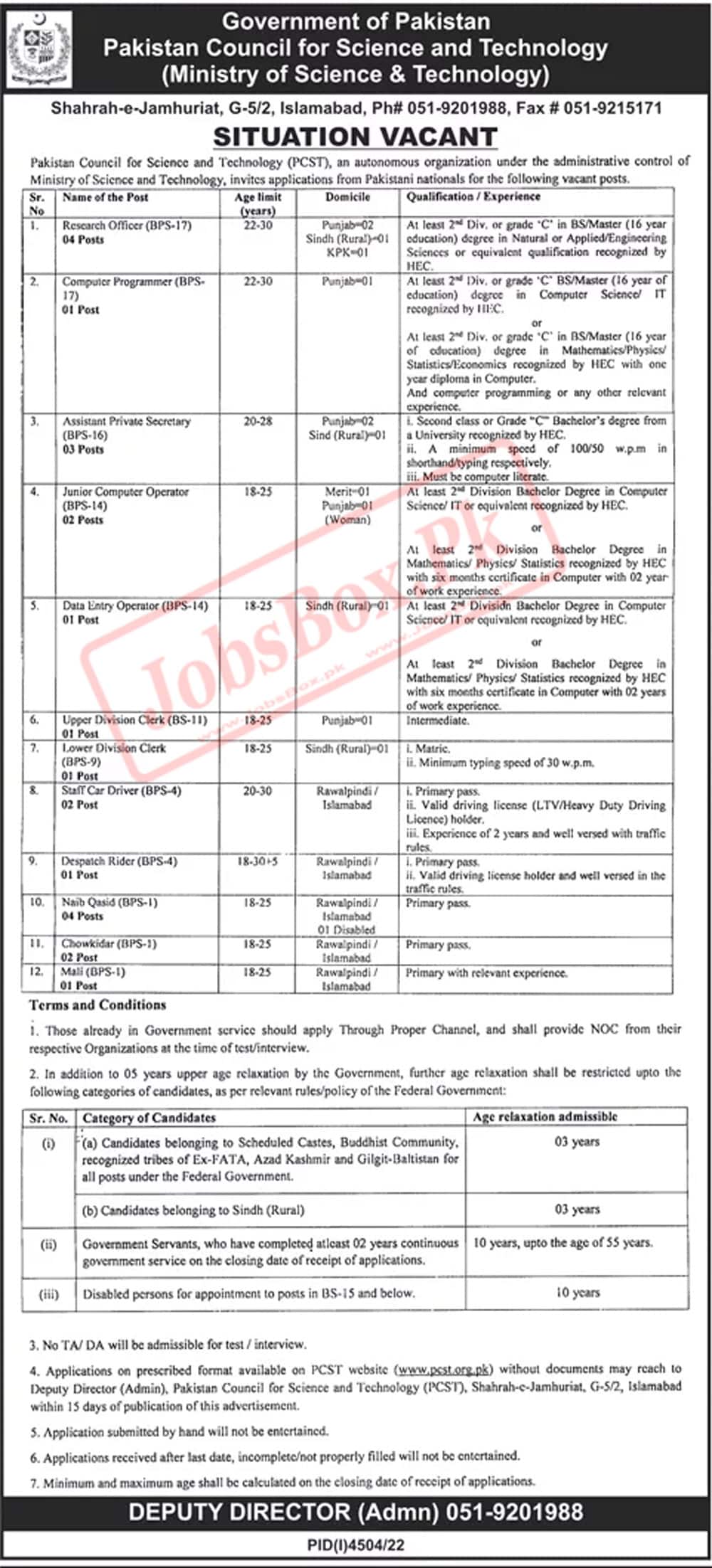 New Govt Vacancies at Pakistan Council for Science and Technology PCST