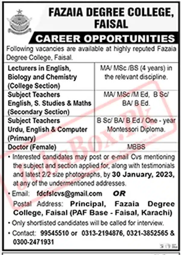 New Teaching Vacancies at Fazaia Degree College Faisal