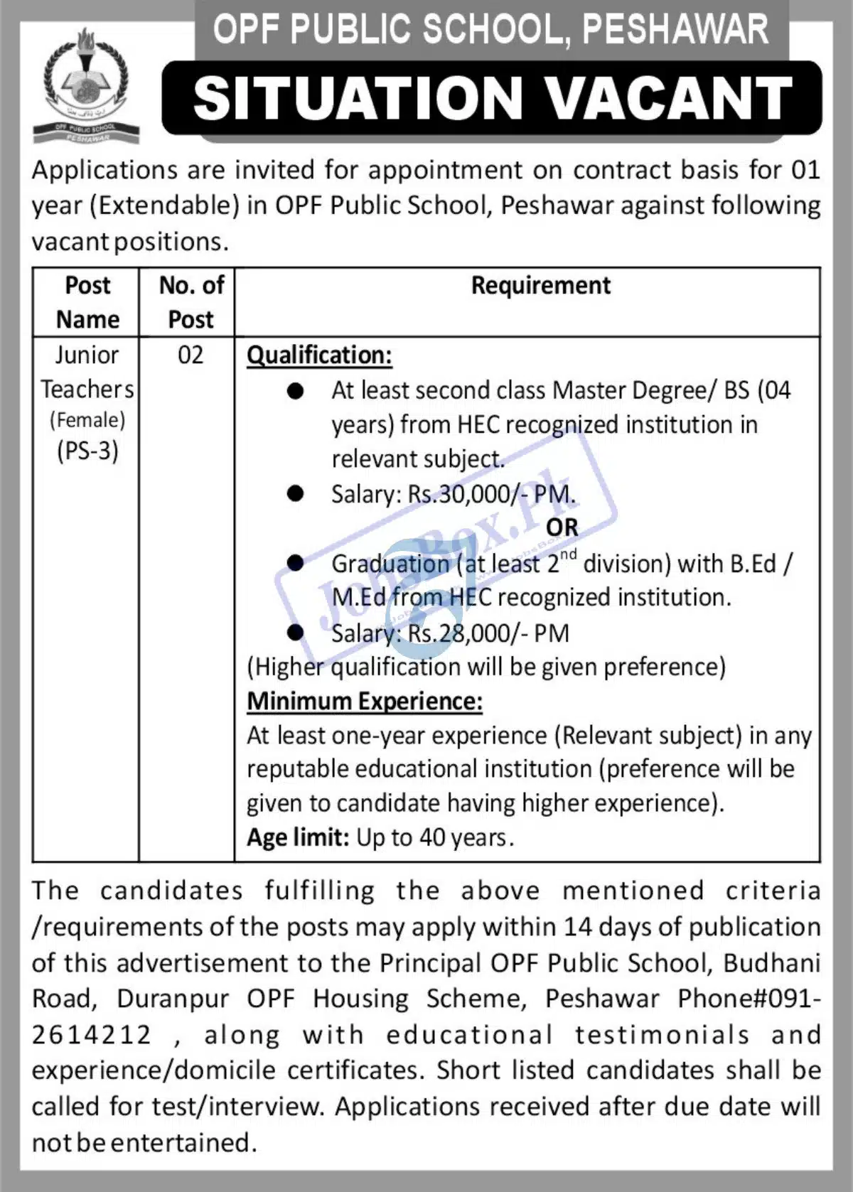 OPF Public School Peshawar Jobs 2023 for Junior Teachers PS-03