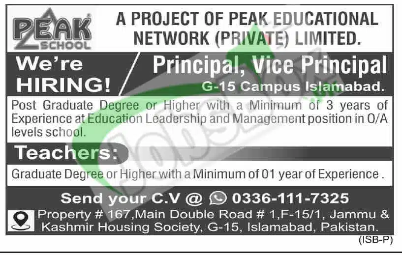 Peak School Islamabad Campus Jobs 2023