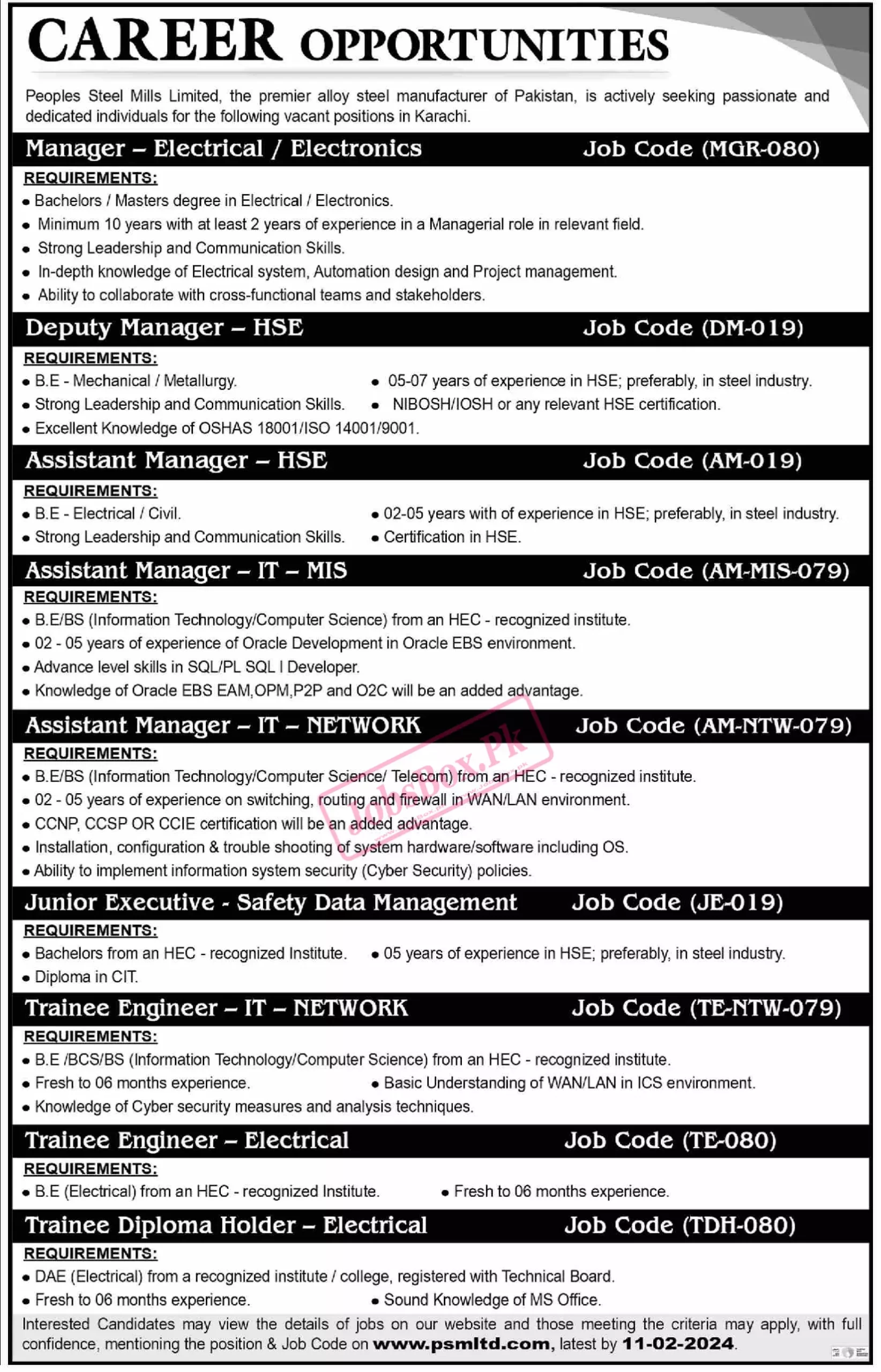 Peoples Steel Mills Limited Jobs 2024