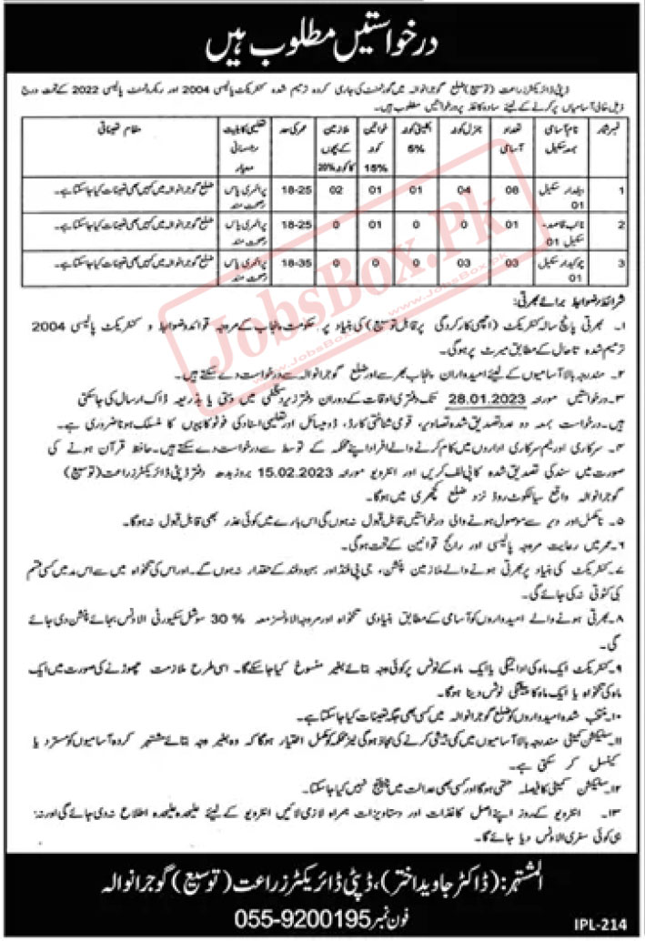 Punjab Agriculture Department (Extension) Class IV Jobs 2023 Gujranwala