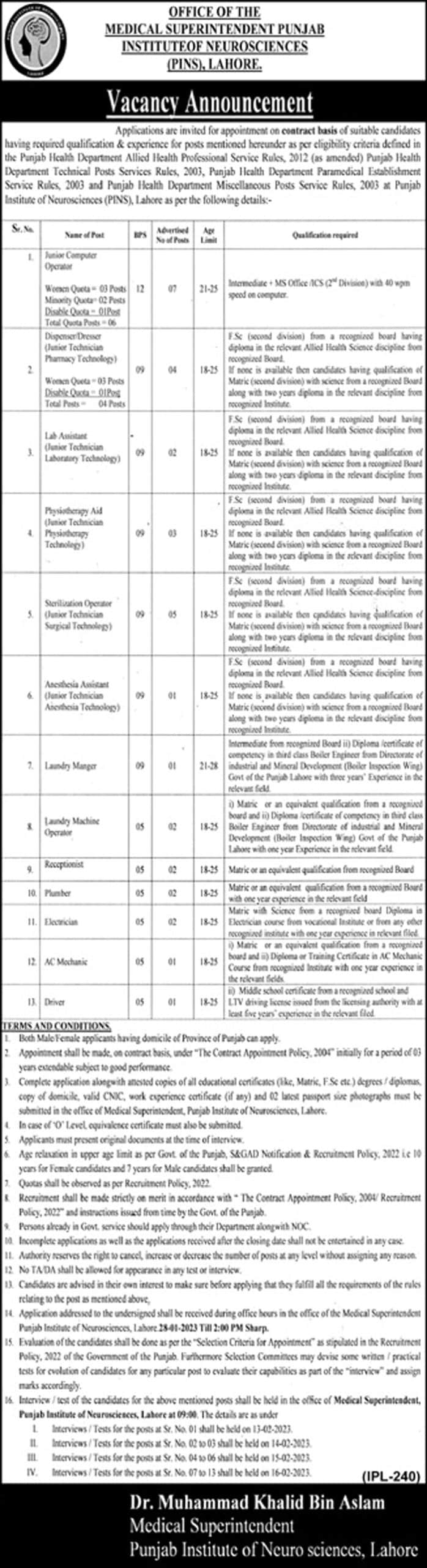 Punjab Institute of Neurosciences PINS Lahore Jobs 2023