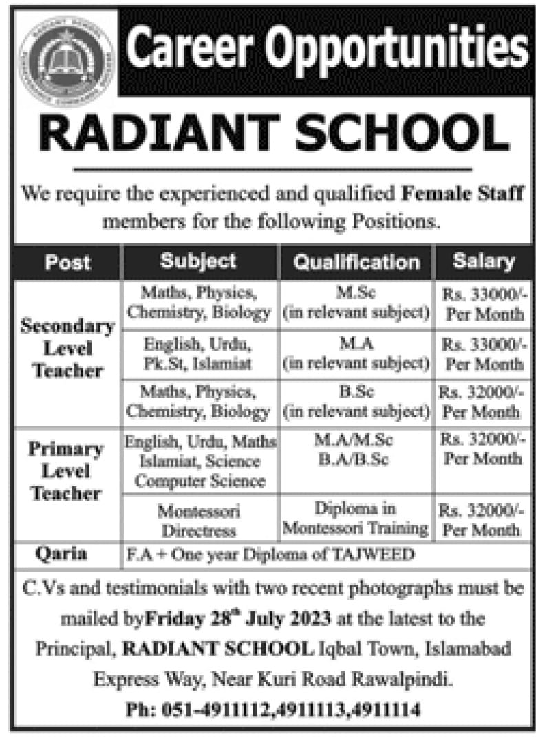 Radiant School Rawalpindi Jobs 2023 - Teaching Vacancies in Rawalpindi