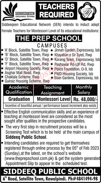 Siddeeq Public School Rawalpindi Jobs 2023 for Female Teachers