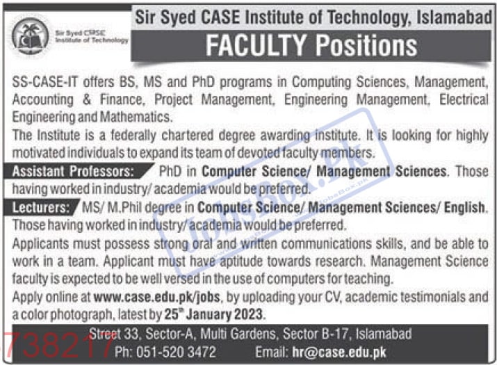 Sir Syed CASE Institute of Technology Islamabad Jobs 2023