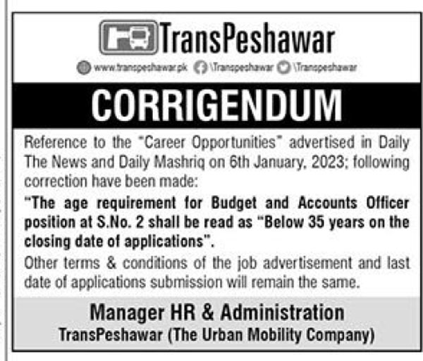 Urban Mobility Company TransPeshawar Jobs 2023 Corrigendum