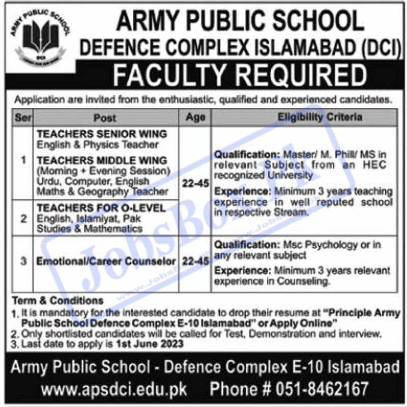 Army Public School APS DCI Islamabad Jobs 2023 - www.apsdci.edu.pk