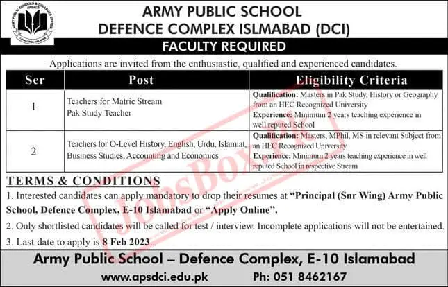 Army Public School Defence Complex Islamabad Jobs Announcement 2023
