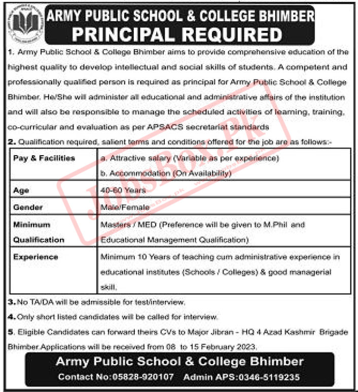 Army Public School and College Bhimber Jobs February 2023