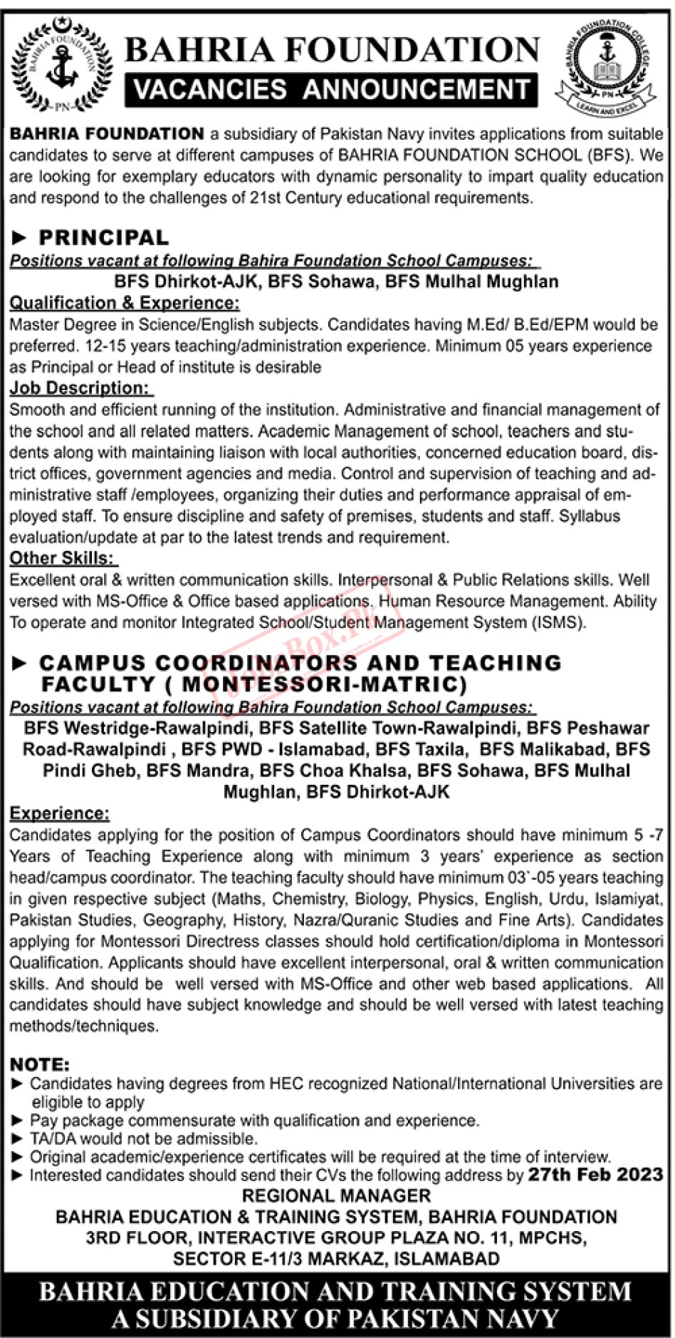 Bahria Foundation Schools BFS Jobs 2023 Details of Current Vacancies